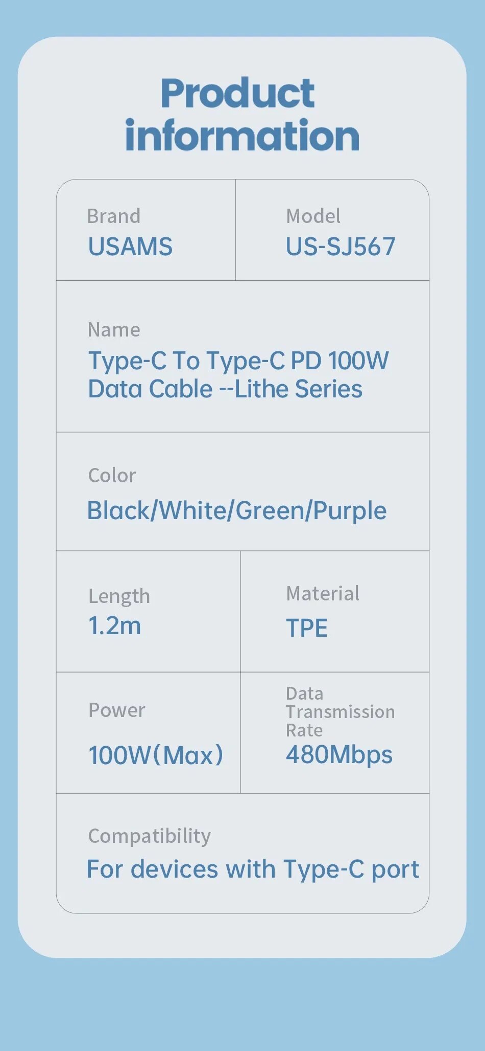 USB Cable USB-C 100W